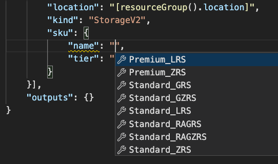 Screenshot of Visual Studio Code showing the IntelliSense choices for the name attribute of the storage SKU.