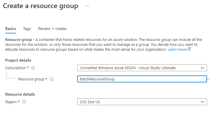 Screenshot that shows how to create a resource group in the Azure portal.