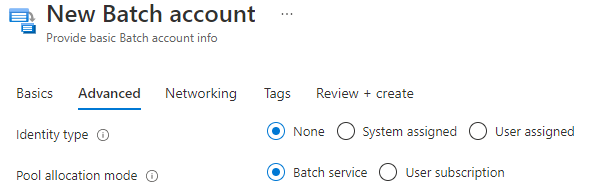 A screenshot of the pool allocation mode selection on the Advanced tab when creating a Batch account in the Azure portal.