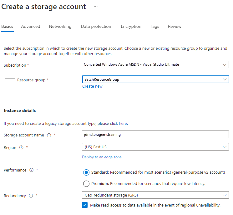 Screenshot of the form for creating a storage account on the Basics tab.