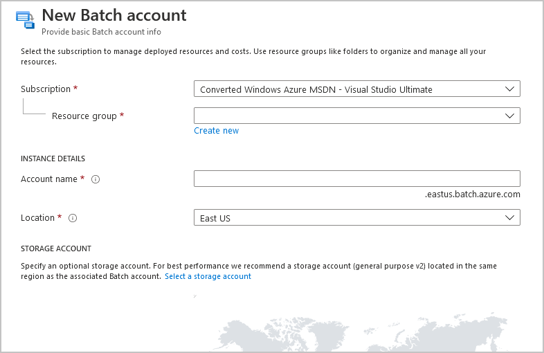 A screenshot of the page for creating a new Batch account in the Azure portal.