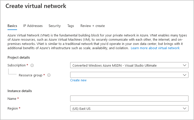 A screenshot of the page for creating a virtual network in the Azure portal.