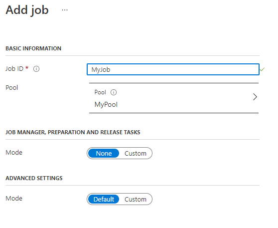 Screenshot of the page for adding a job in the Azure portal.
