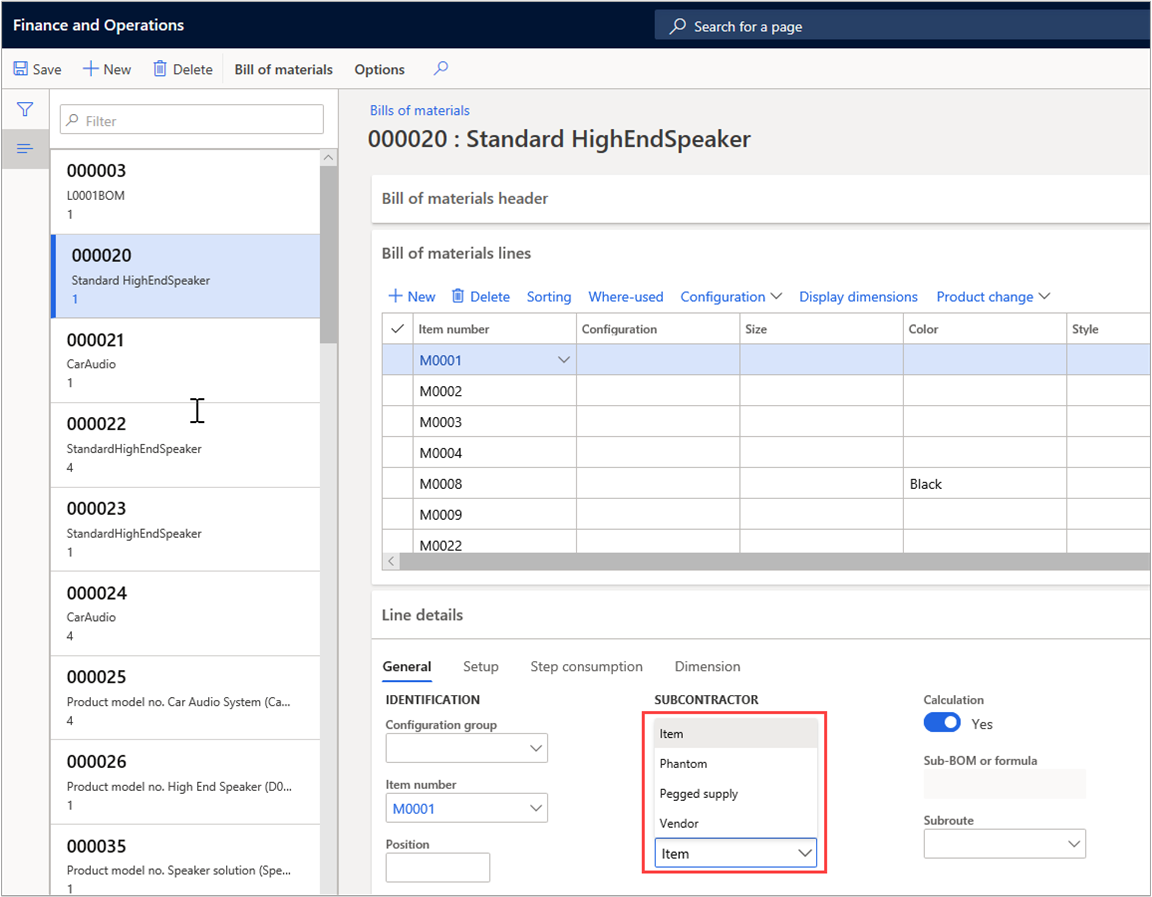 Screenshot of a Bills of materials page with BOM line types highlighted.