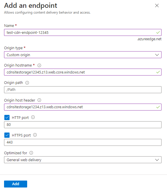 Screenshot of create a new CDN endpoint page in the Azure portal.