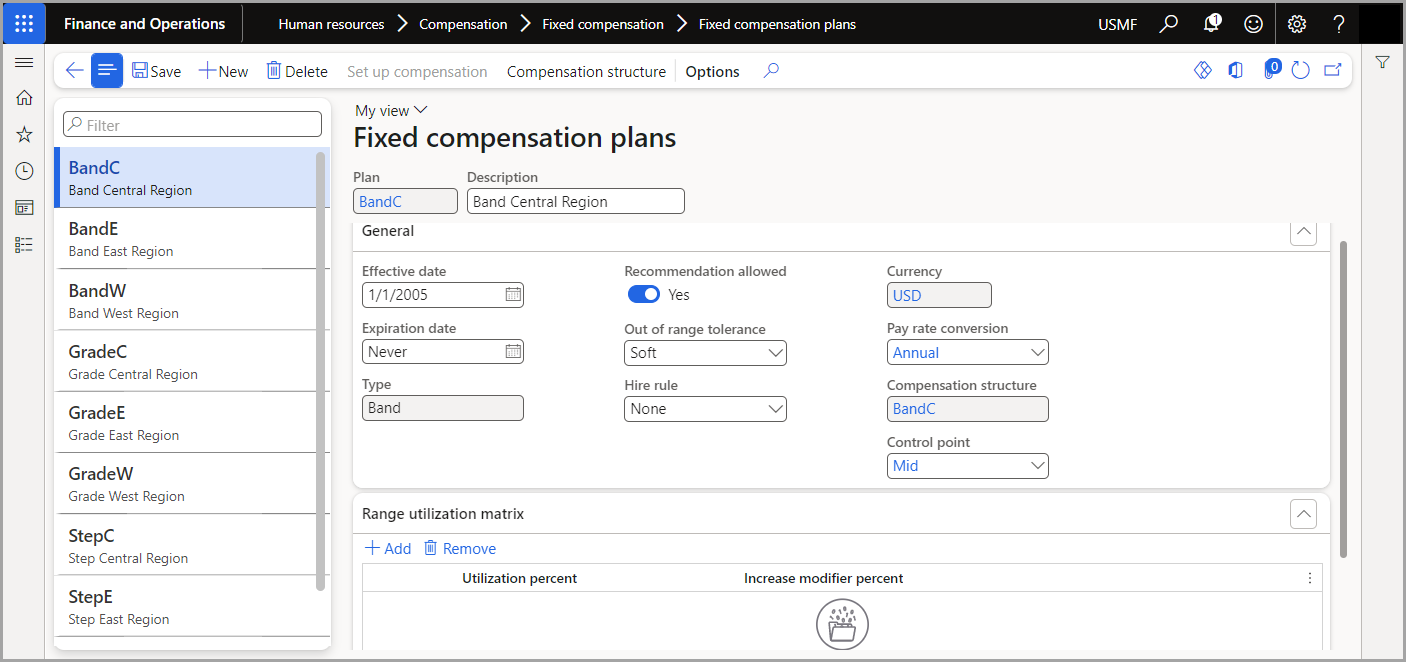 Screenshot of the Fixed compensation plans page in Human Resources.