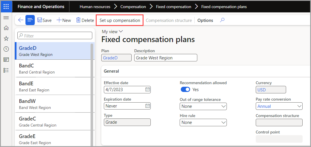 Screenshot of the Set up compensation option selected in Human Resources.