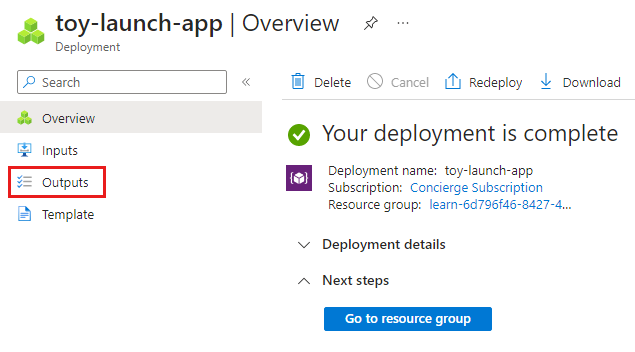 Screenshot of the Azure portal that shows the deployment, with the Outputs menu item highlighted.