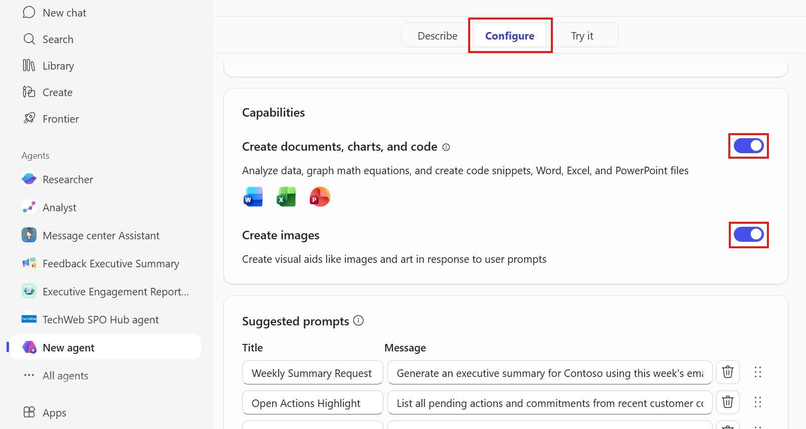 Screenshot of the Agent Builder Configure tab with the Create documents, charts, and code and Create images capabilities enabled.