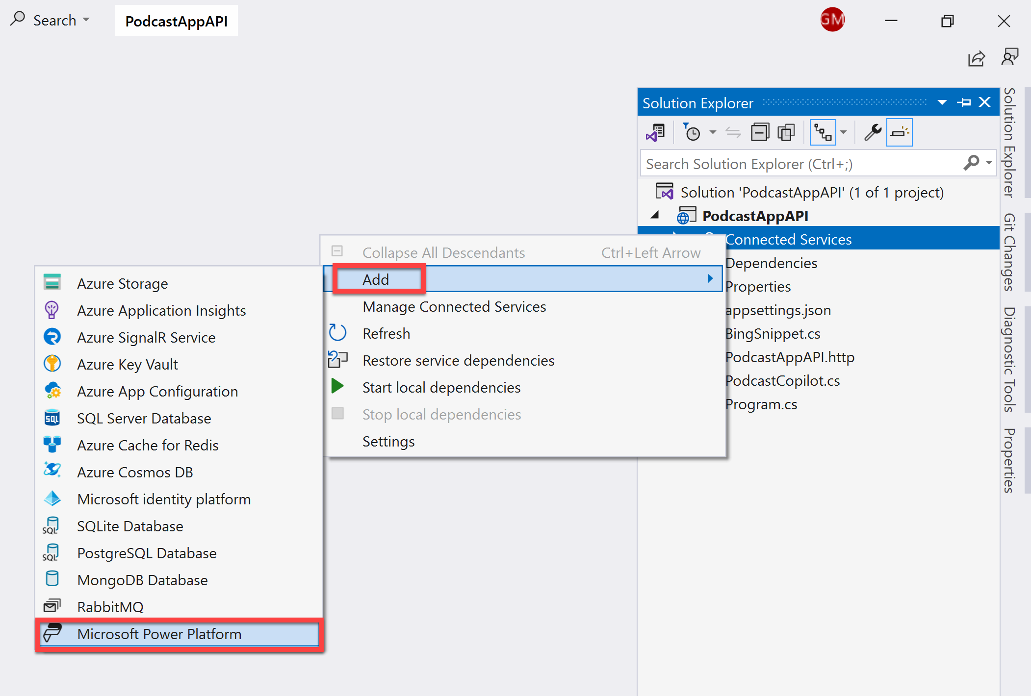 Screenshot of adding a new connected service.