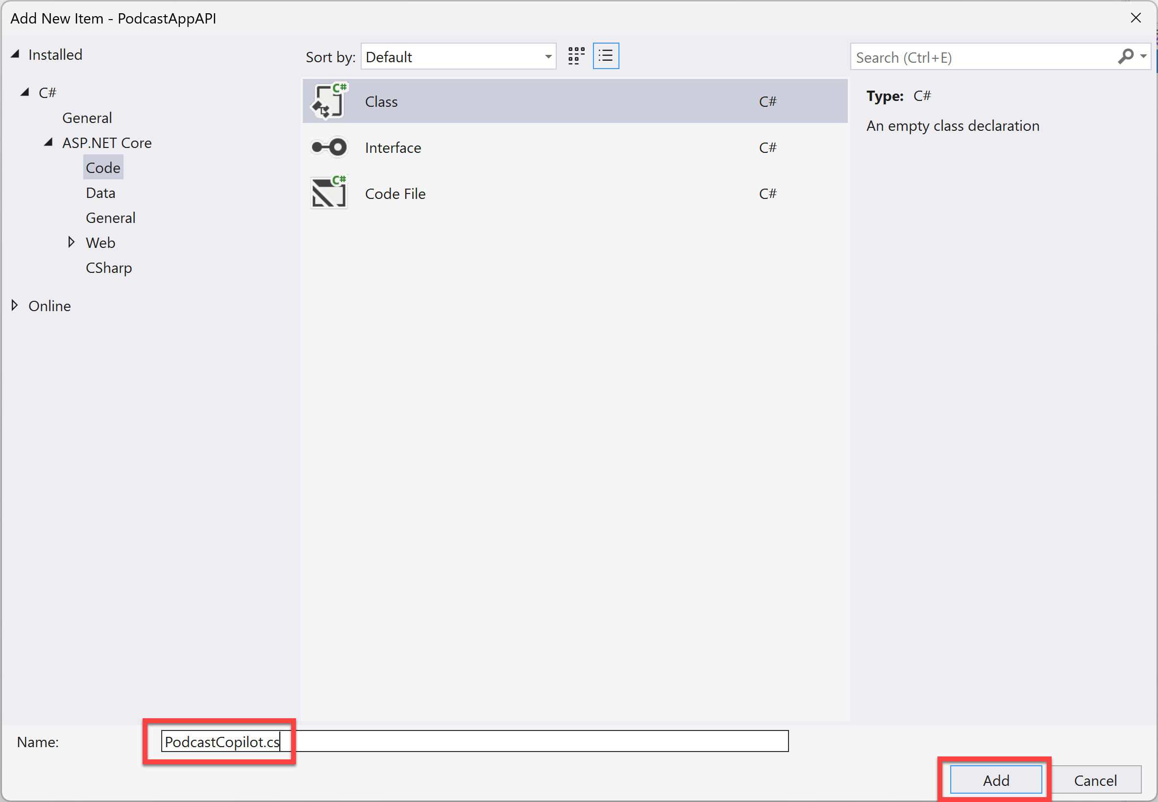 Screenshot of adding a new class to the project.