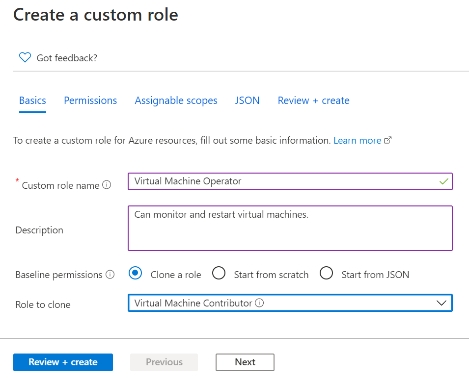 Screenshot of clone role radio button selected and Virtual Machine Contributor as role to clone.