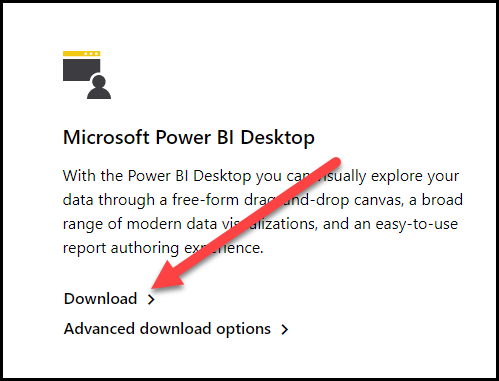 Download Power B I Desktop dialog with an arrow pointing to the Download command.