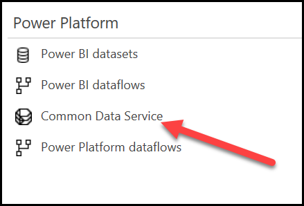 Microsoft Power Platform options with an arrow pointing to Dataverse.