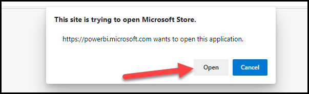 This site is trying to open Microsoft Store dialog with an arrow pointing to the Open button.