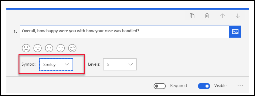 Screenshot of the "Overall, how happy were you with how your case was handled" question and the Smiley symbol highlighted.