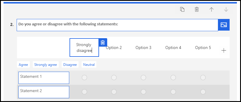 Screenshot of the Likert label being changed from Option 1 to Strongly disagree.