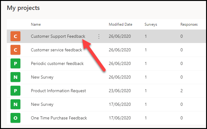Screenshot of My projects with an arrow pointing to Customer Support Feedback.