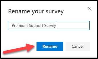 Screenshot of the Rename your survey dialog with Premium Support Survey entered as the name and the Rename button shown.