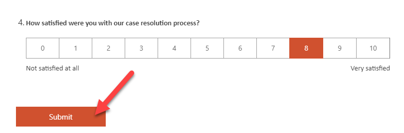 Screenshot of a survey with 8 selected, the last question hidden, and an arrow pointing to the Submit button.