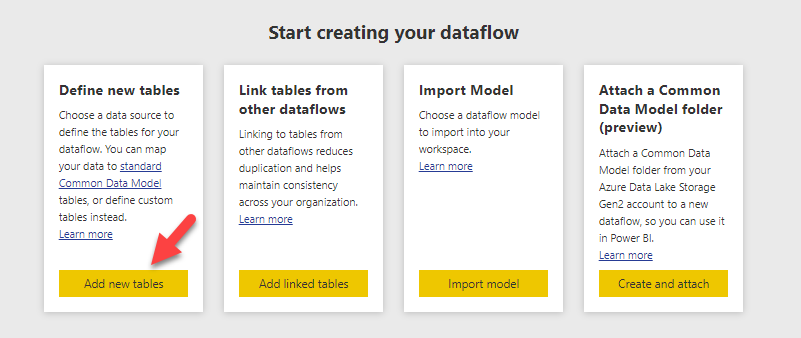 Screenshot of Start creating your dataflow with Add new tables highlighted.
