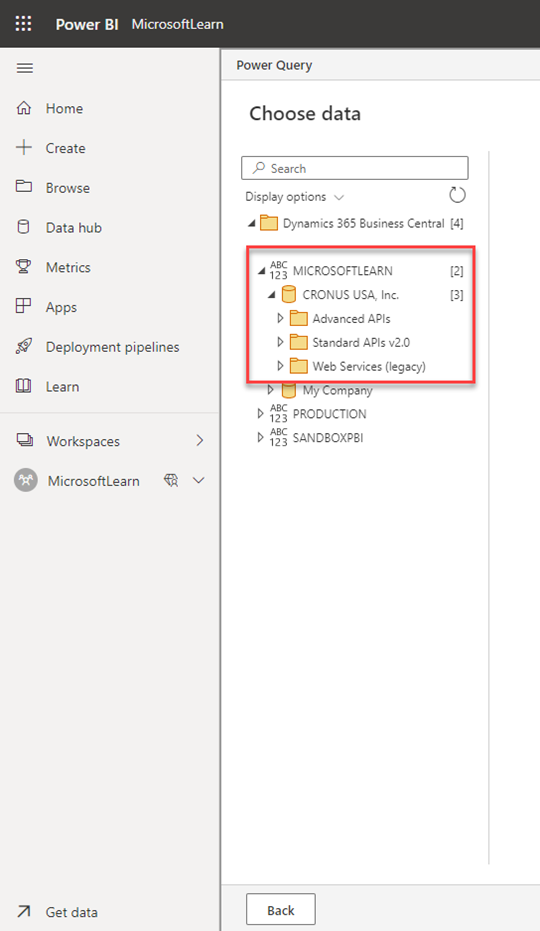 Screenshot of Power BI Choose data with Business Central APIs and web services expanded.
