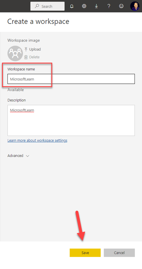 Screenshot of Create a workspace with Workspace name highlighted.