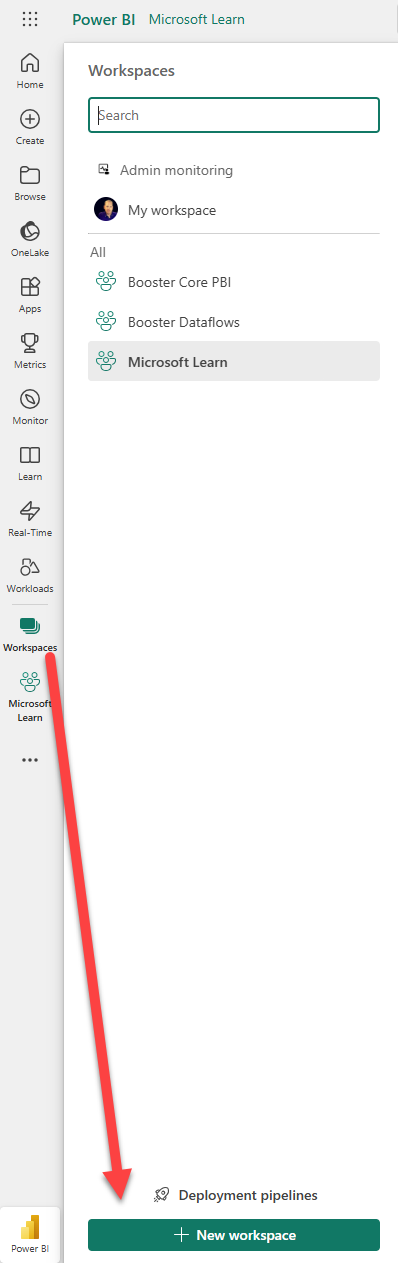 Screenshot of Power BI Workspaces with Create a workspace highlighted.