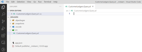 Screenshot of a new file named CustomerLedgers.Query.al.