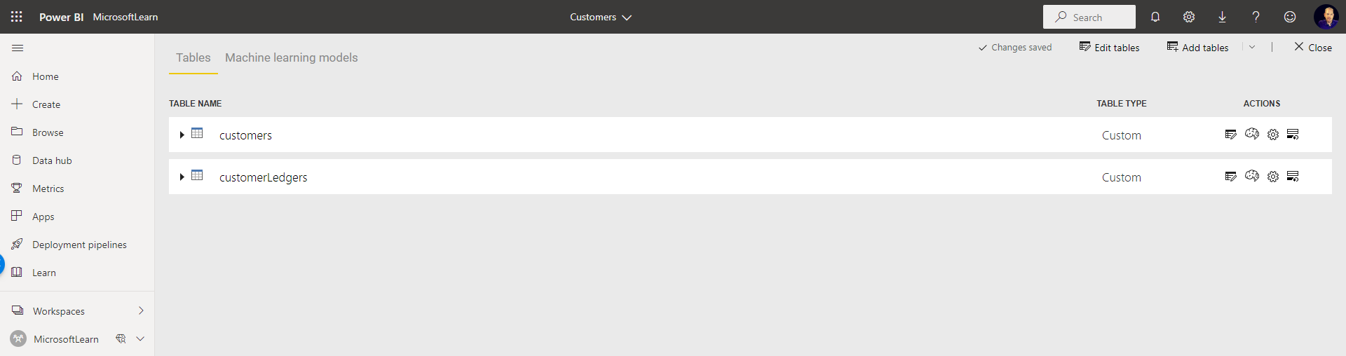Screenshot of customers dataflow.