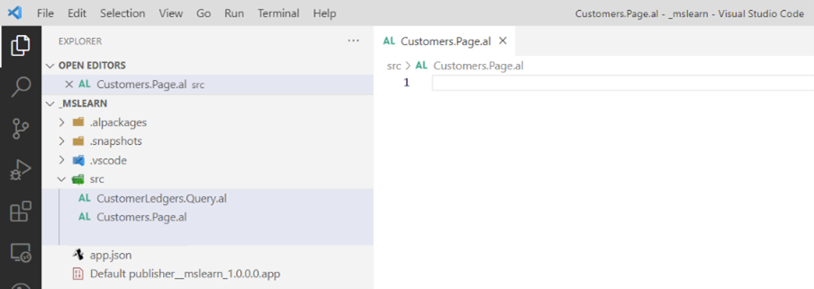 Screenshot of new file named Customers.Page.al.