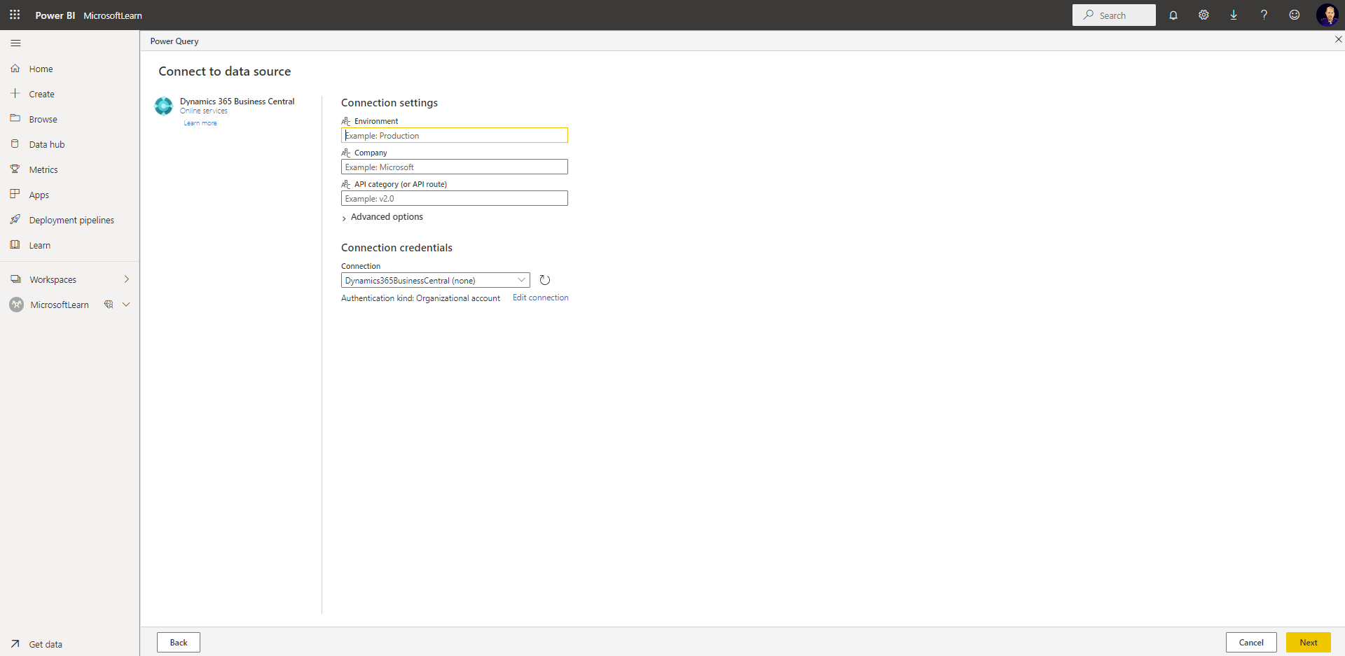 Screenshot of Connect to data source.