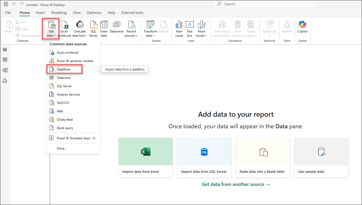 Screenshot of Get data expanded to show Dataflows.