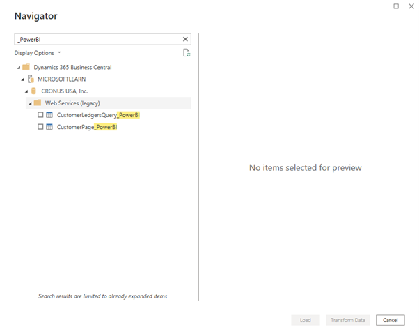Screenshot of the Navigator page showing the new web services in Power BI.