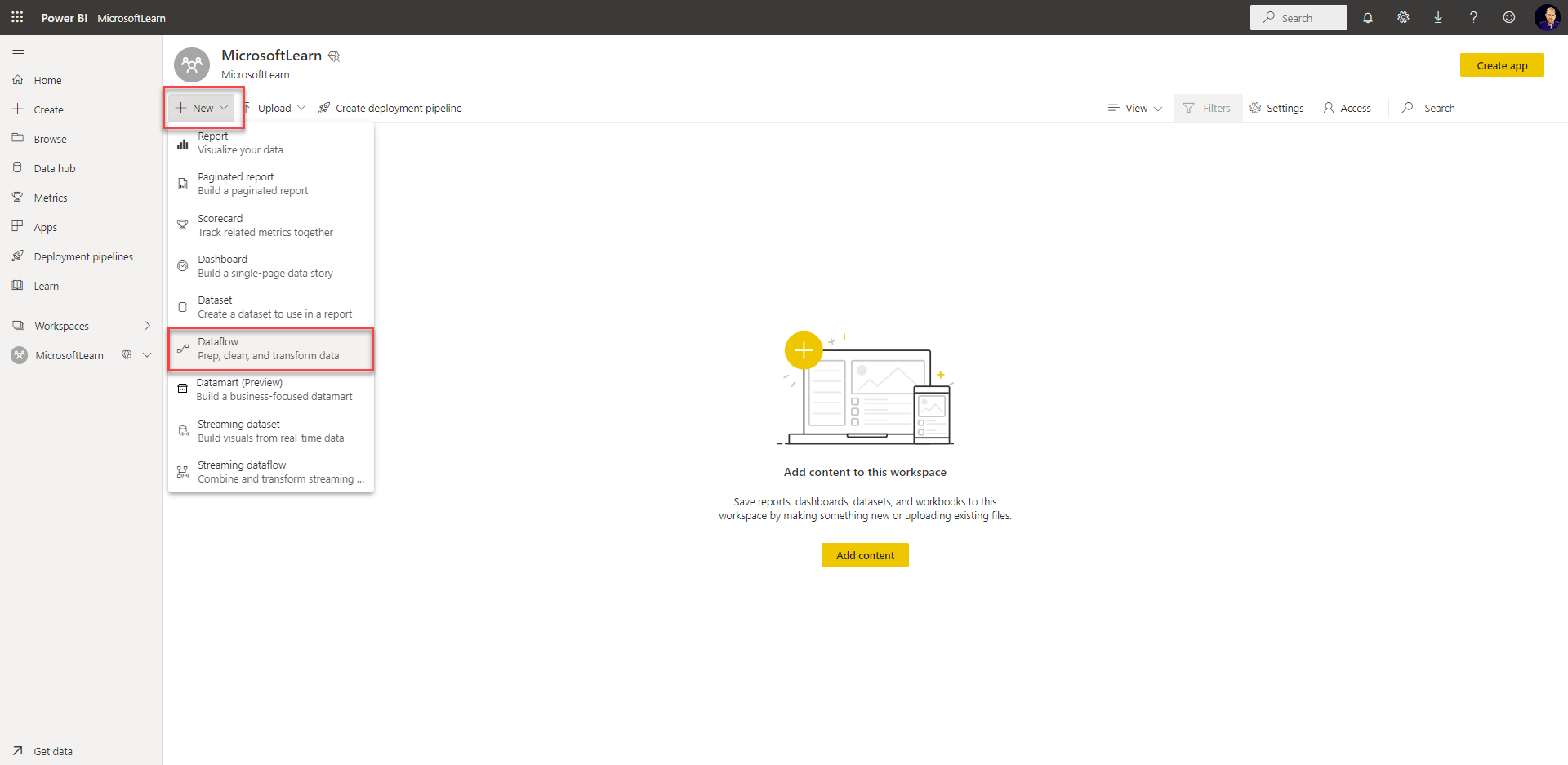 Screenshot of Power BI with New expanded and Dataflow highlighted.