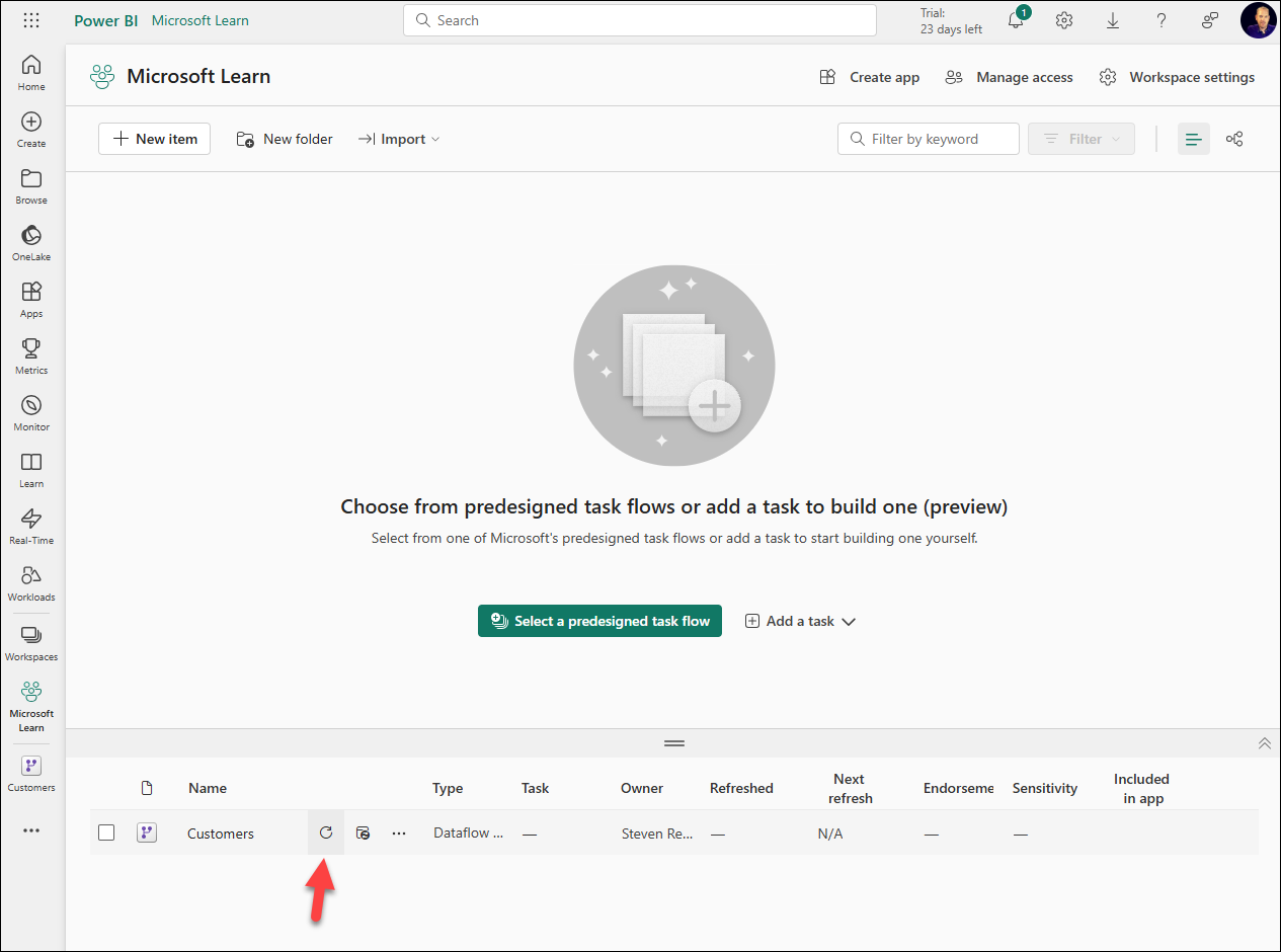 Screenshot of refreshed dataflow.