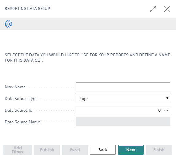 Screenshot of the Reporting Data Setup page using the wizard.