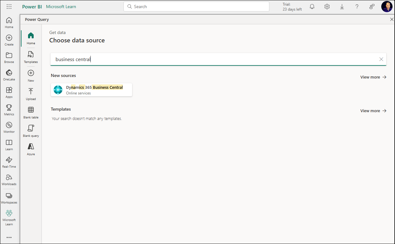 Screenshot of Choose data source with Business Central highlighted.