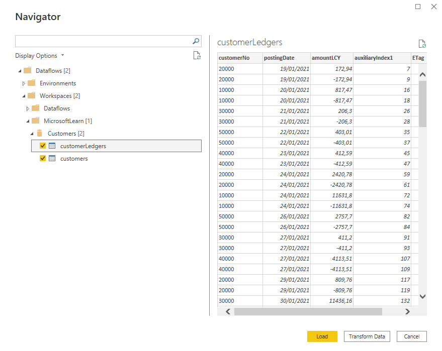 Screenshot of Navigator with customerLedgers selected.