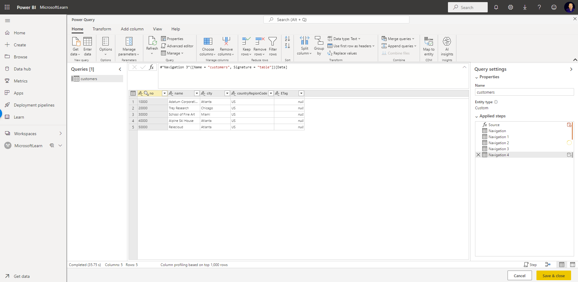 Screenshot of Transform data.