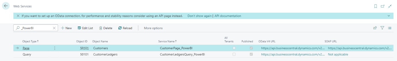 Screenshot of the Web Services page filtered on Customer.