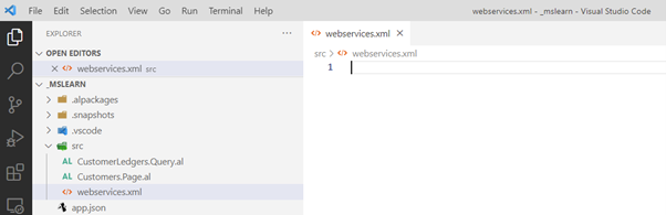 Screenshot of the new file named webservices.xml.