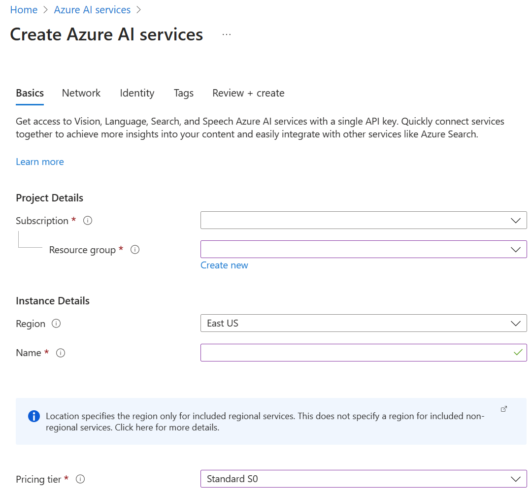 Screenshot of creating a multi-service resource.
