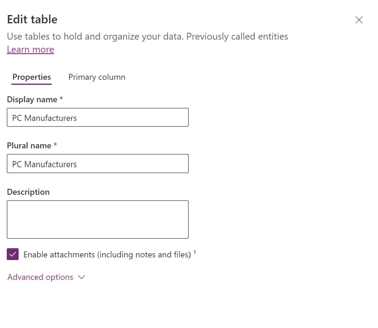 Screenshot of Edit table attributes with Done button.