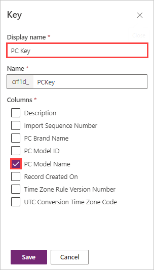 Screenshot of PC Key with Display name and PC Model Name column selected.