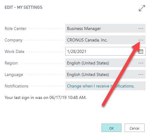Screenshot of the settings with company selected.
