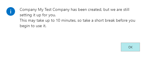 Screenshot of the message that the company is being set up.