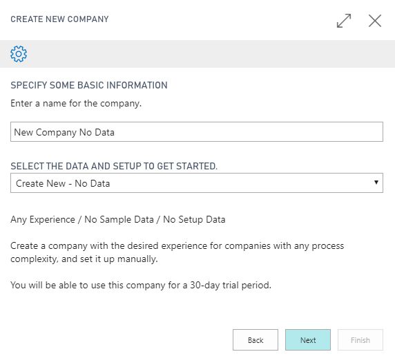 Screenshot of the New Company No Data Option selection.