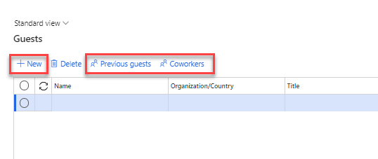 Screenshot of the Guests page with the New, Previous guests, and Coworkers buttons highlighted.