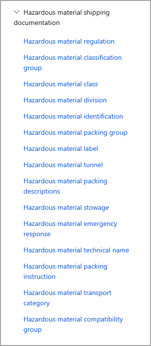 Screenshot of hazardous materials options.